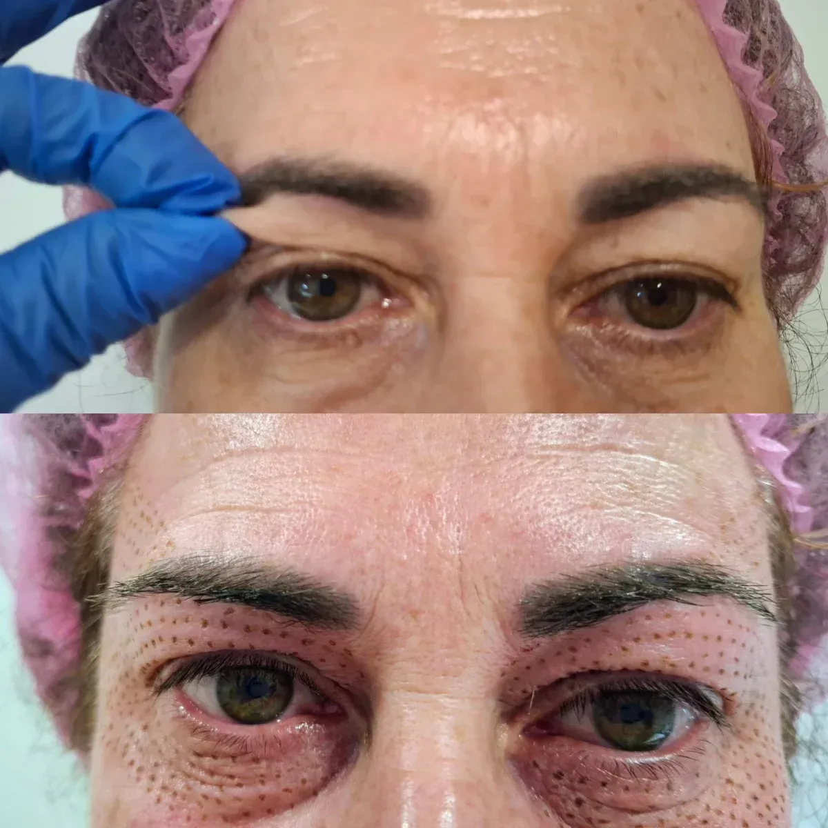 Primer plano de una persona a la que le están arreglando las cejas, con una mano enguantada dando forma a la ceja izquierda.