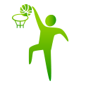Una silueta verde de una persona sosteniendo una pelota de baloncesto sobre un aro de baloncesto.