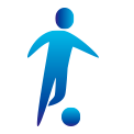 Una silueta azul de una persona pateando un balón de fútbol.