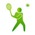 Una silueta verde de un hombre sosteniendo una raqueta de tenis y golpeando una pelota de tenis.