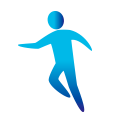 Una silueta azul de una persona bailando sobre un fondo blanco.