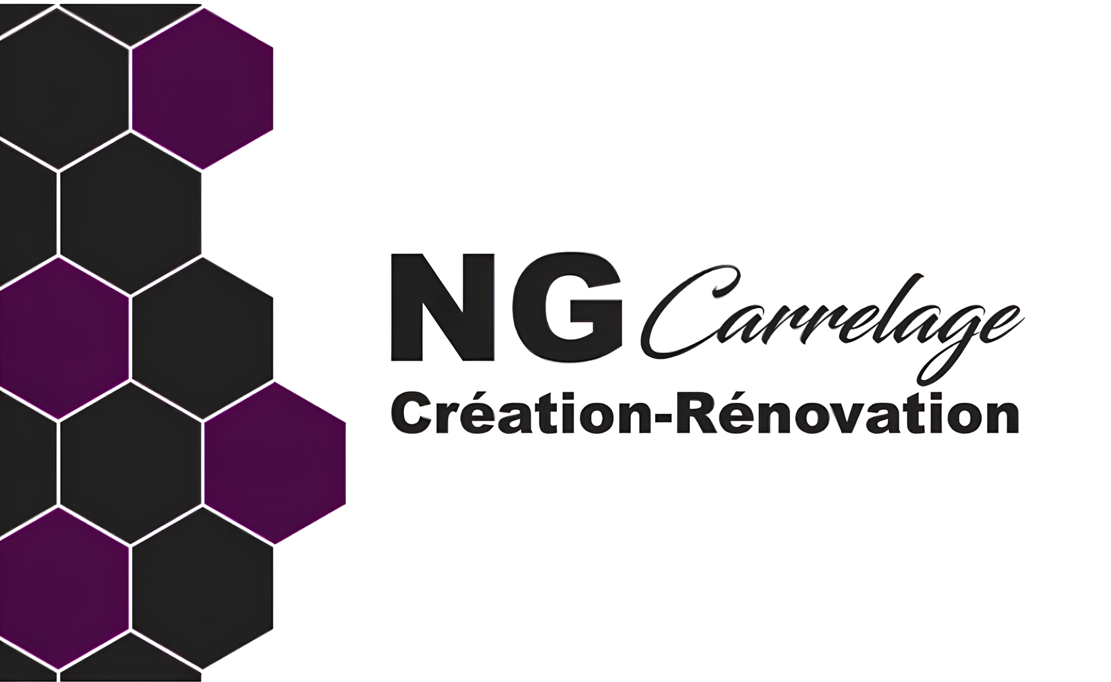 NG Carrelage logo with black and purple hexagons and &ldquo;Cr&eacute;ation-R&eacute;novation&rdquo; text