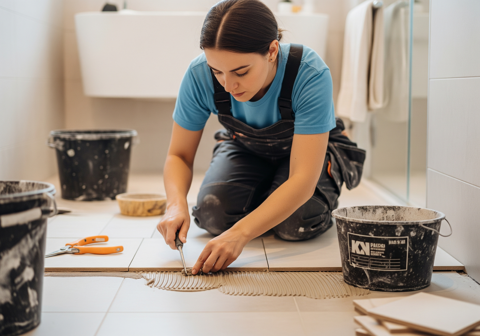 Une personne installe des carreaux de sol blancs avec des outils et des seaux dans un intérieur de maison