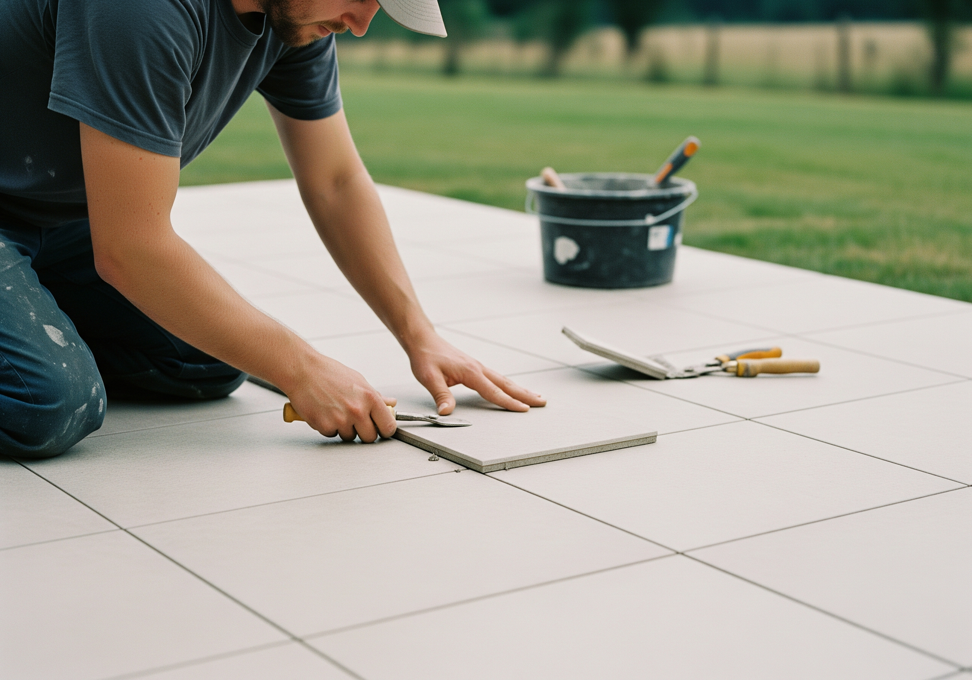 Un ouvrier mesure et pose de grands carreaux blancs sur une terrasse, un seau et des outils à proximité.