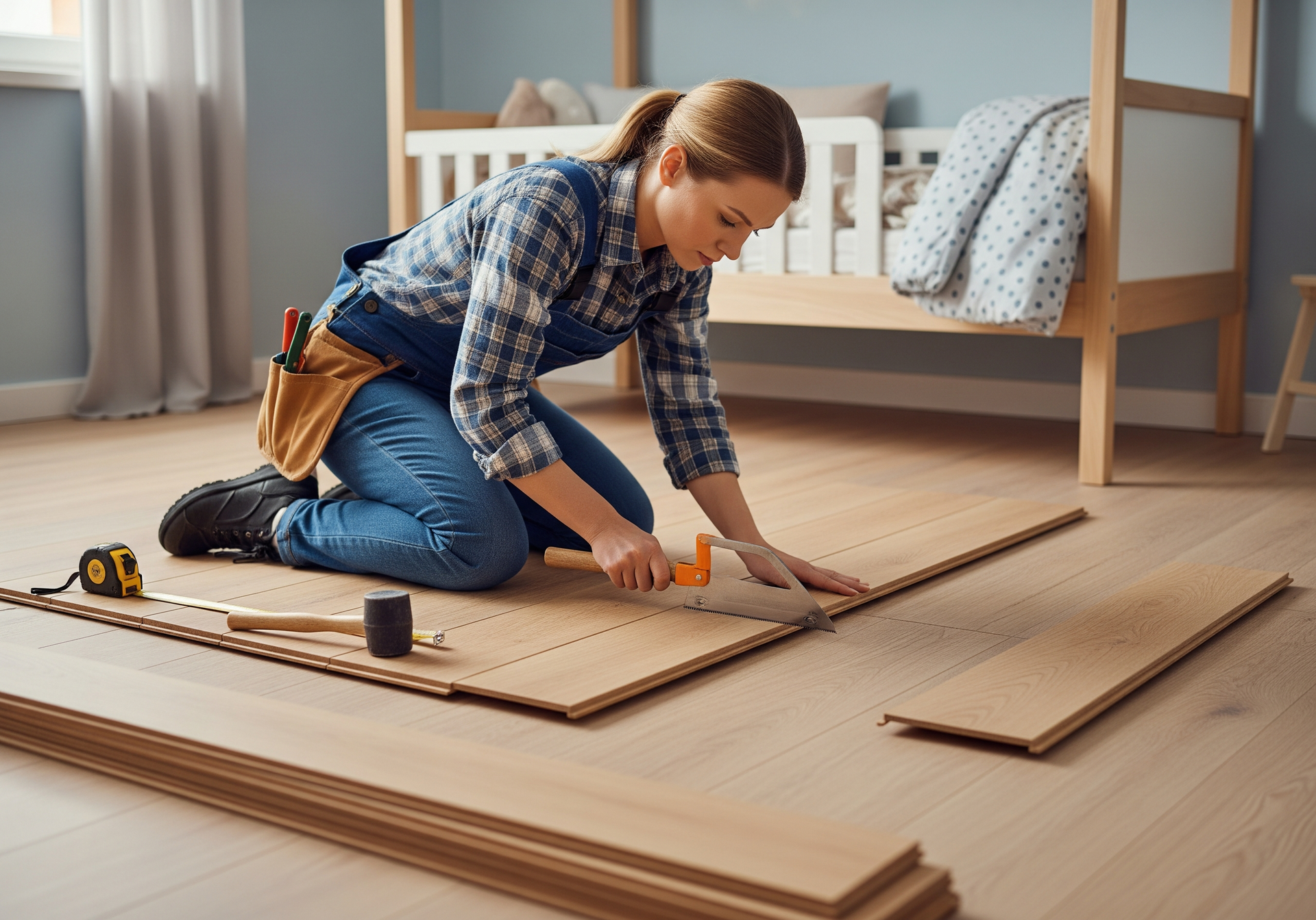 Une personne agenouillée sur le sol d'un salon assemble une planche de bois à l'aide d'outils et de planches à proximité.