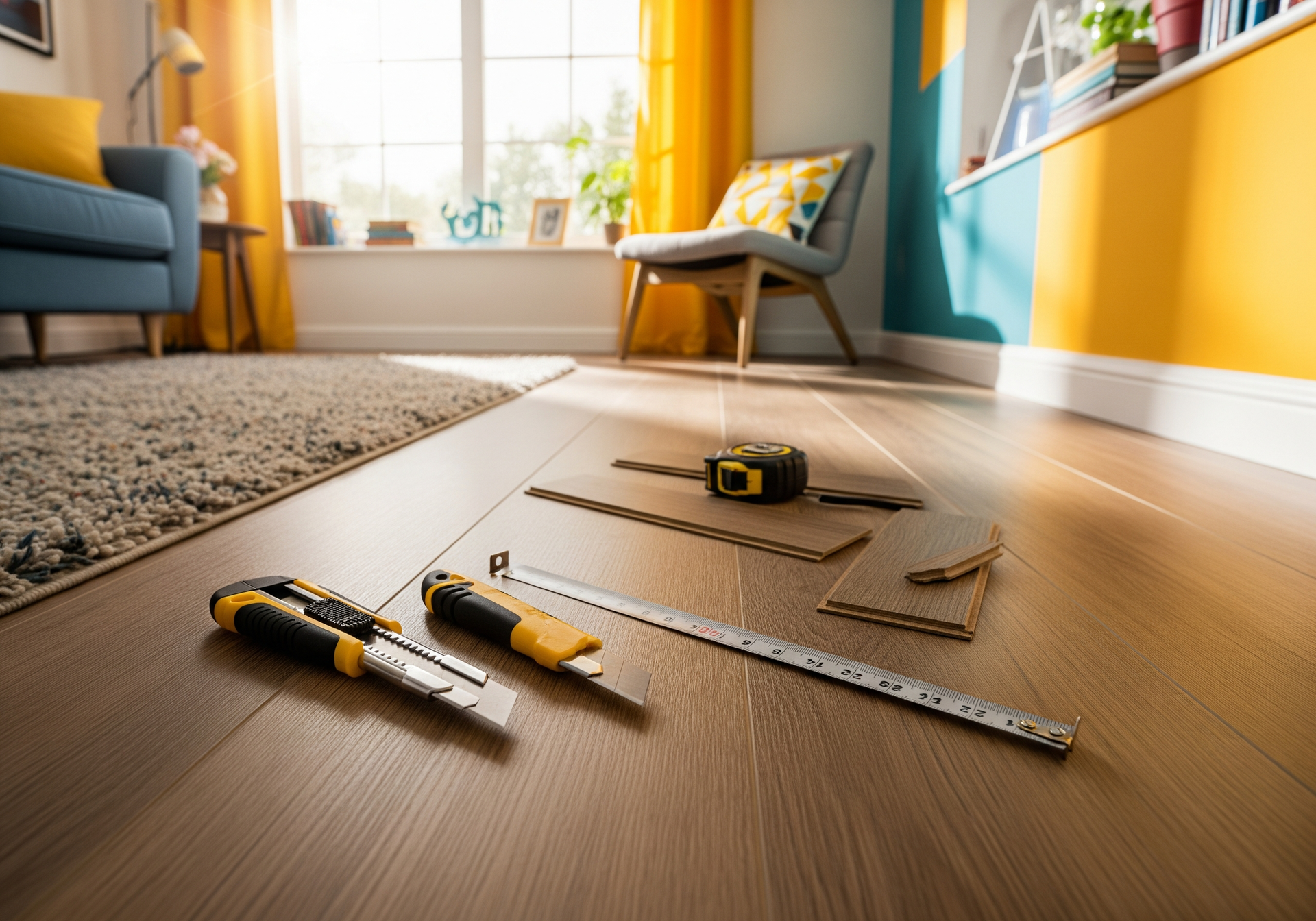 Des outils disposés sur un parquet dans un salon lumineux, près d'une fenêtre.