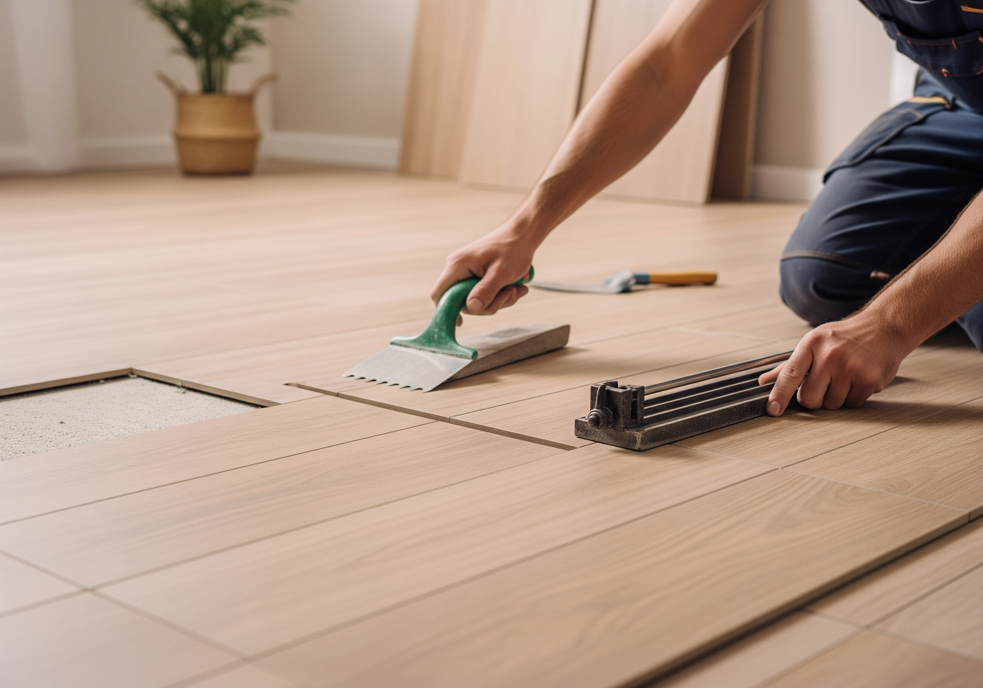 Une personne installe des lames de parquet avec des outils dans une pièce lumineuse