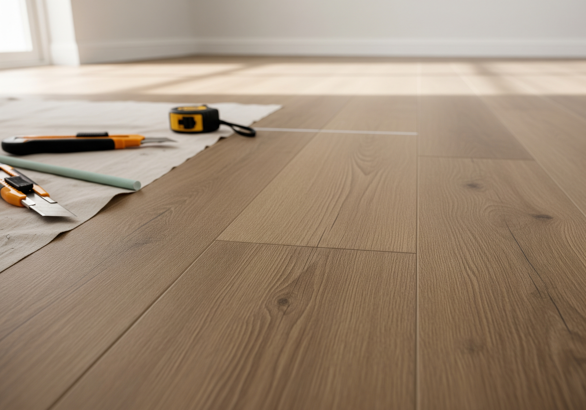 Plancher en bois en cours d'installation, avec outils, mètre ruban, crayon et couteau à mastic à gauche.