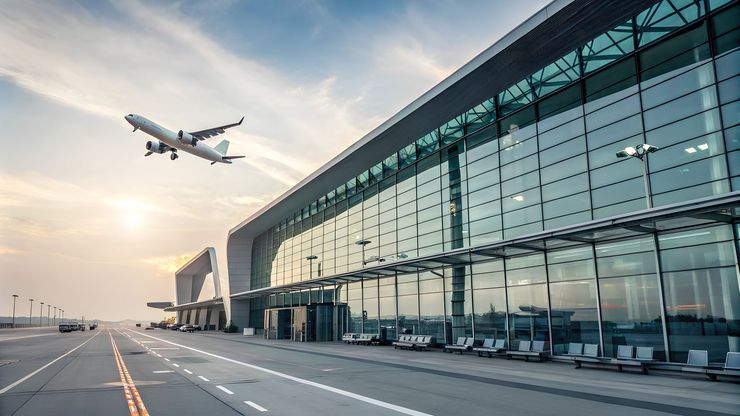 Avion décollant à côté d'un terminal d'aéroport en verre au coucher du soleil