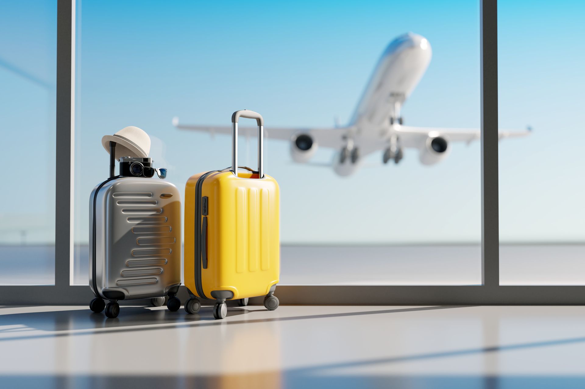 Deux valises près d'une fenêtre d'aéroport tandis qu'un avion décolle en arrière-plan
