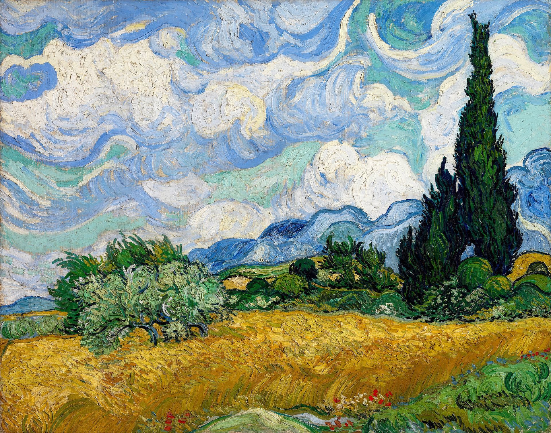 Paysage impressionniste d'un champ, d'arbres verts et d'un grand cyprès peint par Van Gogh.