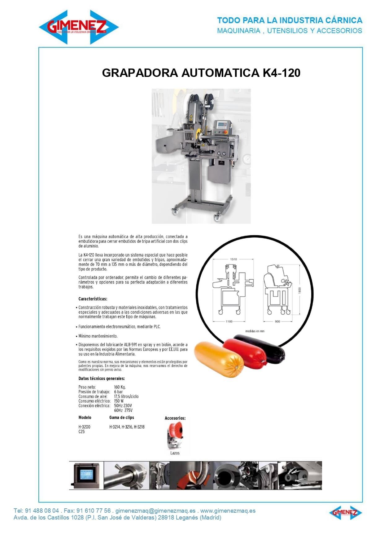 Se muestra un folleto de una grapadora automática sobre un fondo blanco.