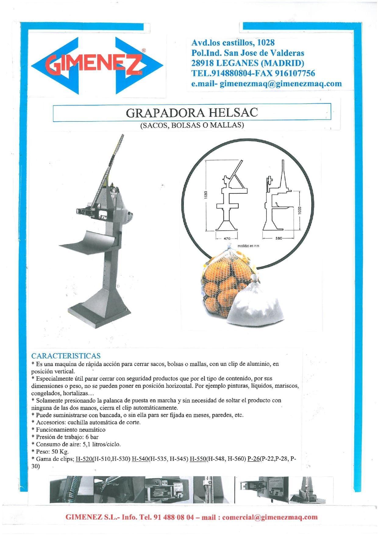 Un folleto de una máquina grapadora helsac con una imagen de una uva y una bolsa de uvas.