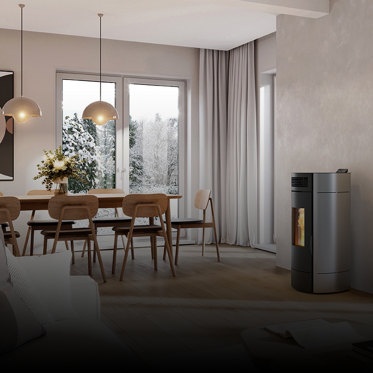 Une salle à manger avec un poêle