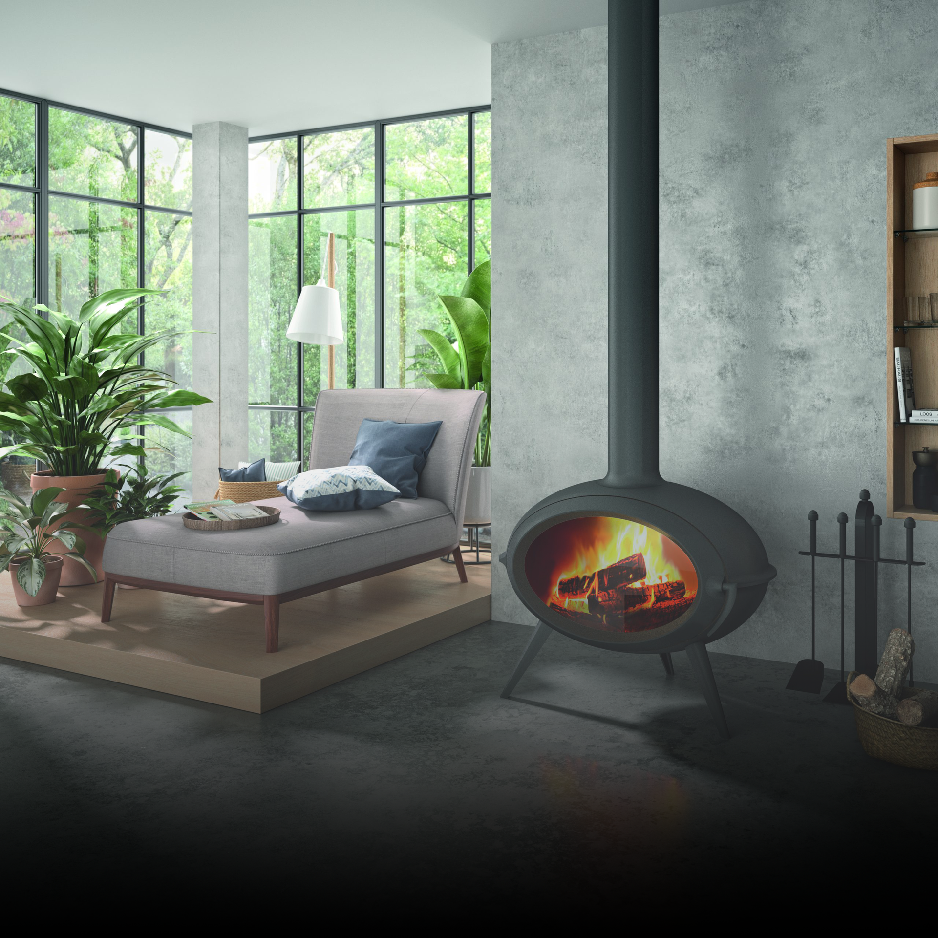 Un poêle à bois de forme arrondie