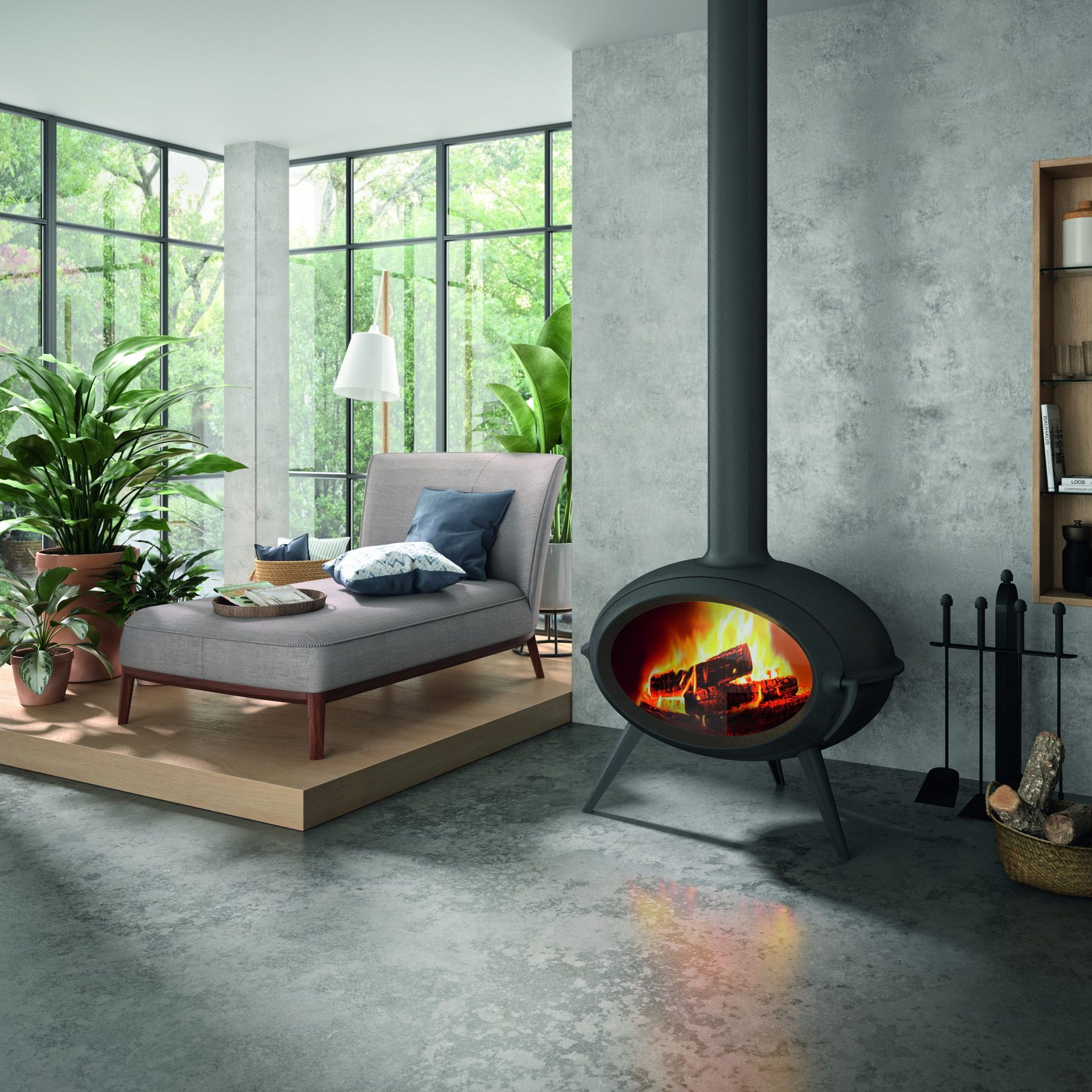 Une plateforme avec un canapé et un poêle allumé
