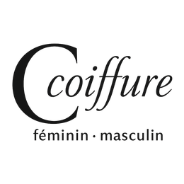 Vers la page d'accueil Logo pour un salon de coiffure: «Coiffure» avec «féminin · masculin» en dessous. Noir et blanc.