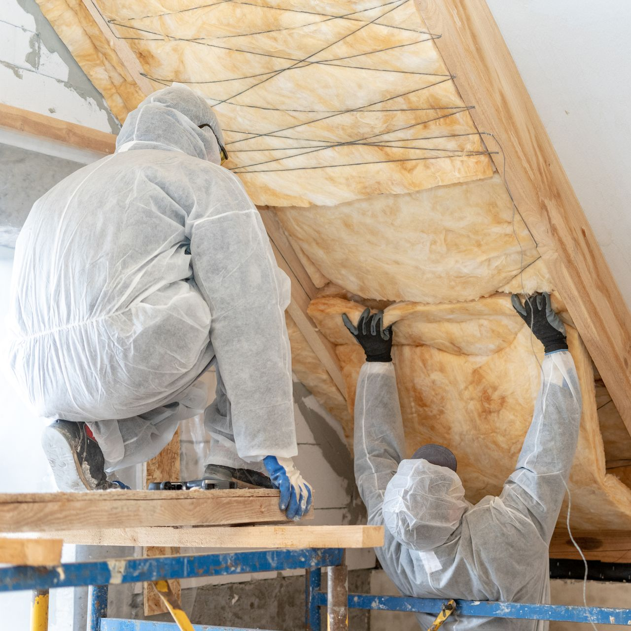 Deux ouvriers installent de l'isolant en fibre de verre jaune entre les chevrons en bois d'un grenier.