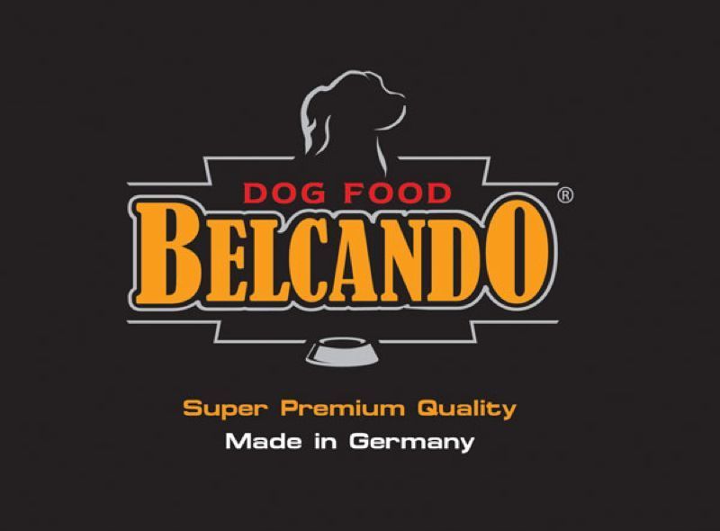 Un logo pour la nourriture pour chiens belcando fabriquée en Allemagne