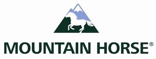 Un logo de cheval de montagne avec un cheval au sommet d'une montagne.