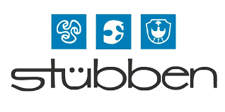 Un logo bleu et noir pour stubben avec trois icônes