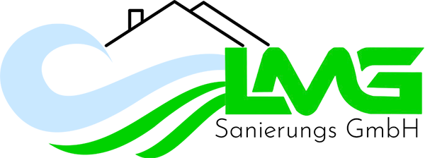 Logo mit blauer Welle und Haussymbol, grünem „LMG“-Text und „Sanierungs GmbH“-Text.