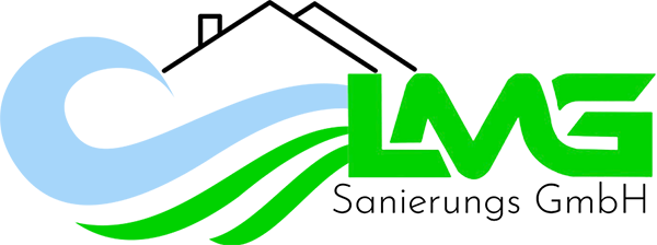 Logo der „LMG Sanierungs GmbH“ mit grünen Buchstaben, Wasser- und Haussymbolen.