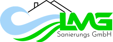 Logo der „LMG Sanierungs GmbH“ mit grünen Buchstaben, Wasser- und Haussymbolen.