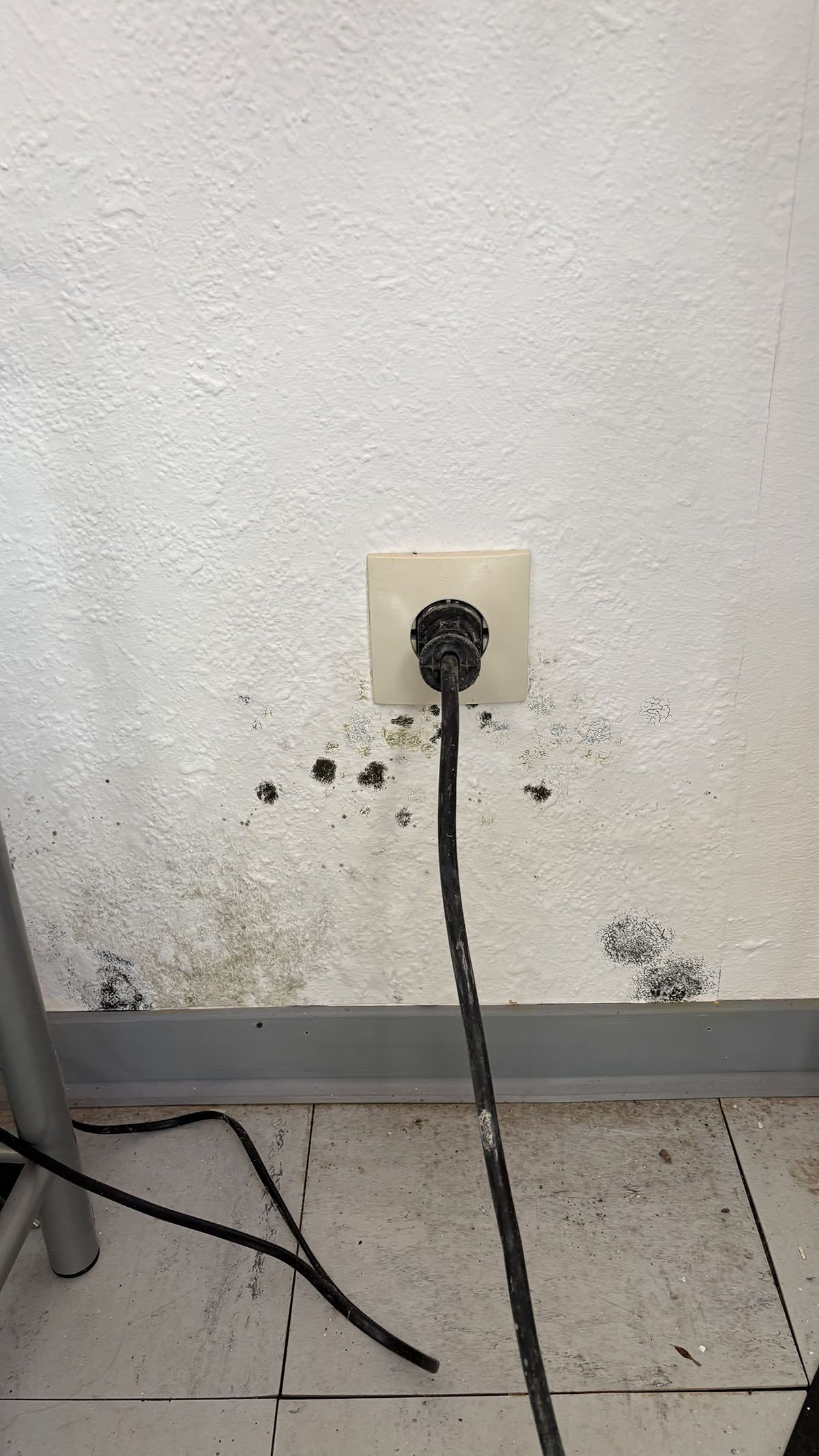 Ein schwarzes Stromkabel, das in eine Steckdose an einer weißen Wand eingesteckt ist, darunter dunkle Flecken.