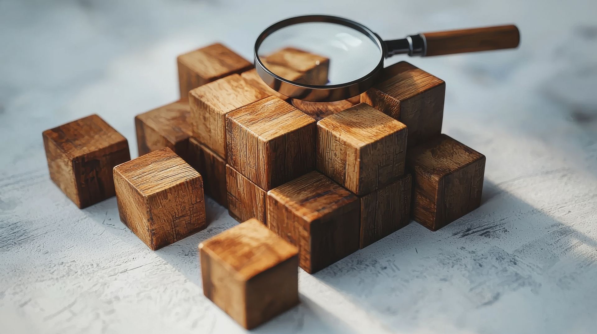 Des petits cubes en bois avec une loupe posée dessus