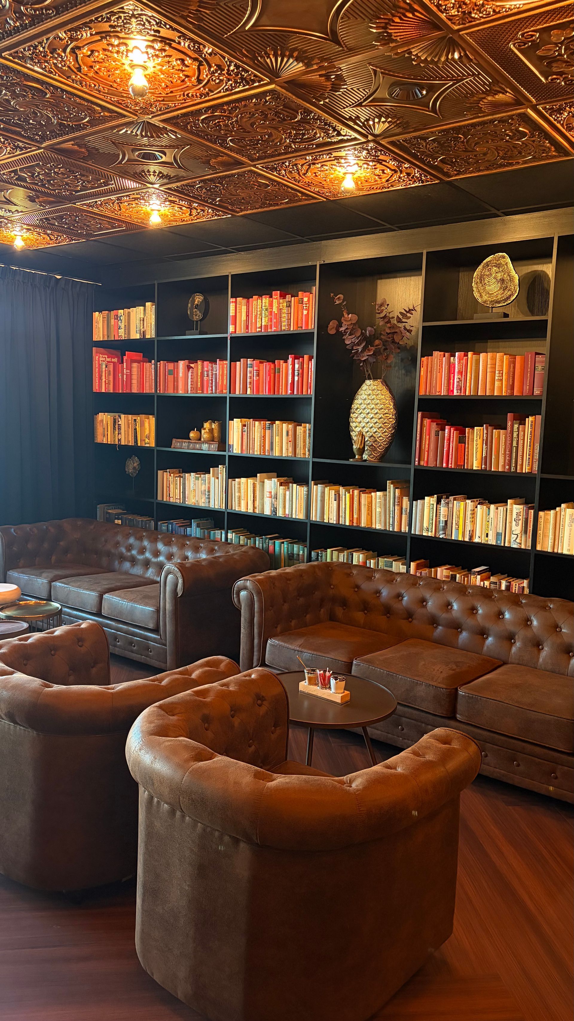Cozy lounge with leather chairs, bookshelves, and warm copper ceiling lights.