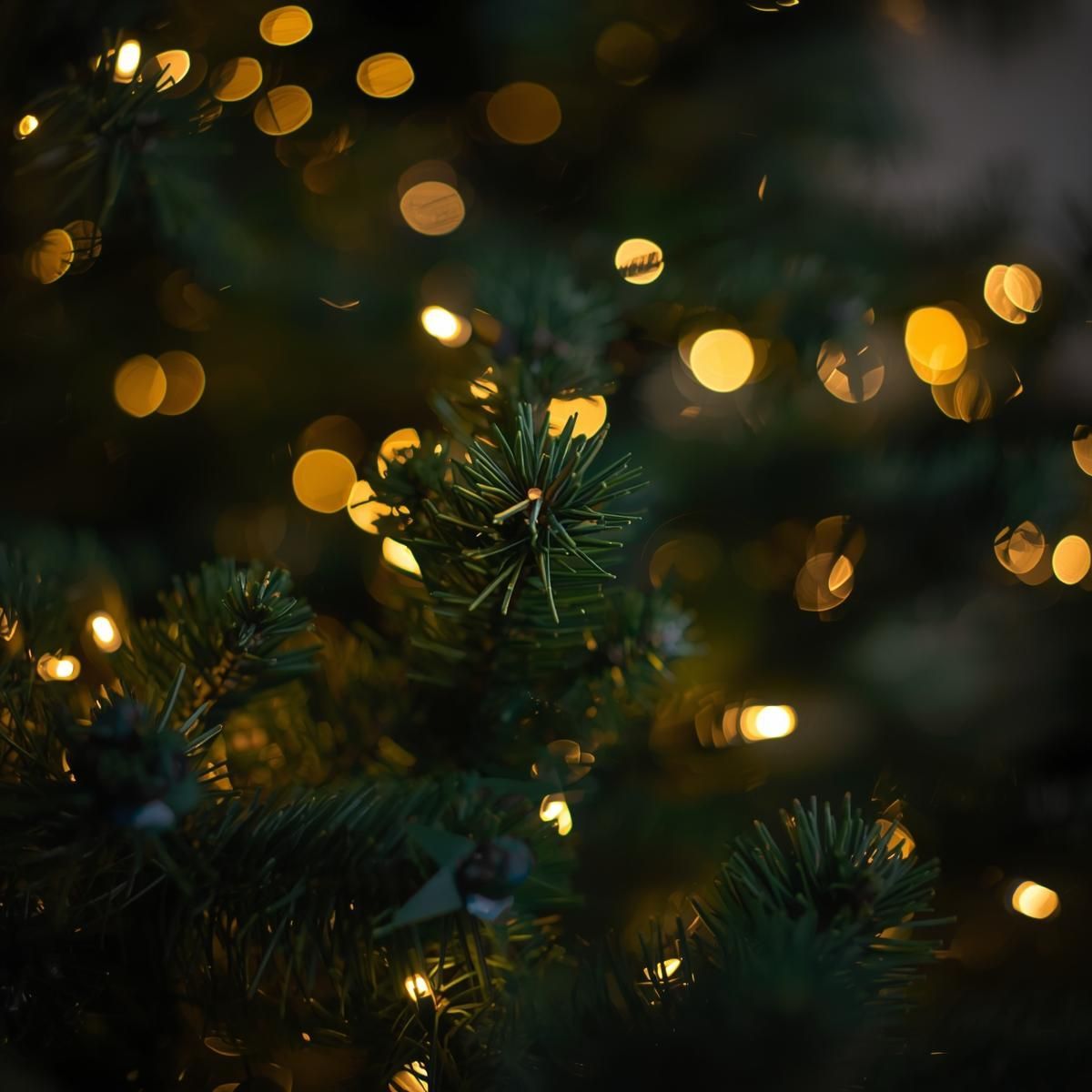 Christmas tree close-up with twinkling yellow lights.