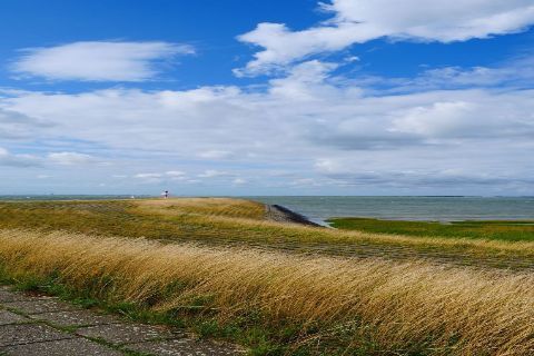 Grasachtige oever die leidt naar een verafgelegen bouwwerk bij de oceaan, onder een helderblauwe lucht met wolken.