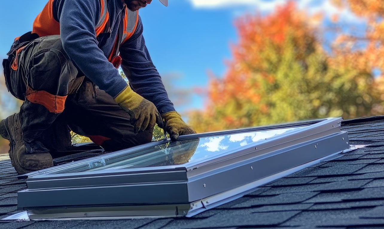 Un couvreur à côté d'une fenêtre de toit.