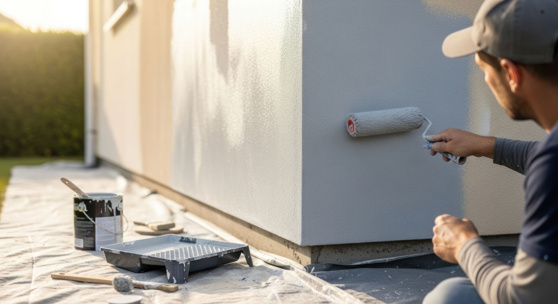 Application d'une peinture blanche sur une façade.