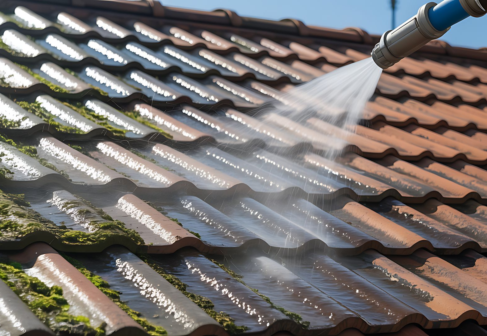 Jet à haute pression sur de la mousse de toiture.
