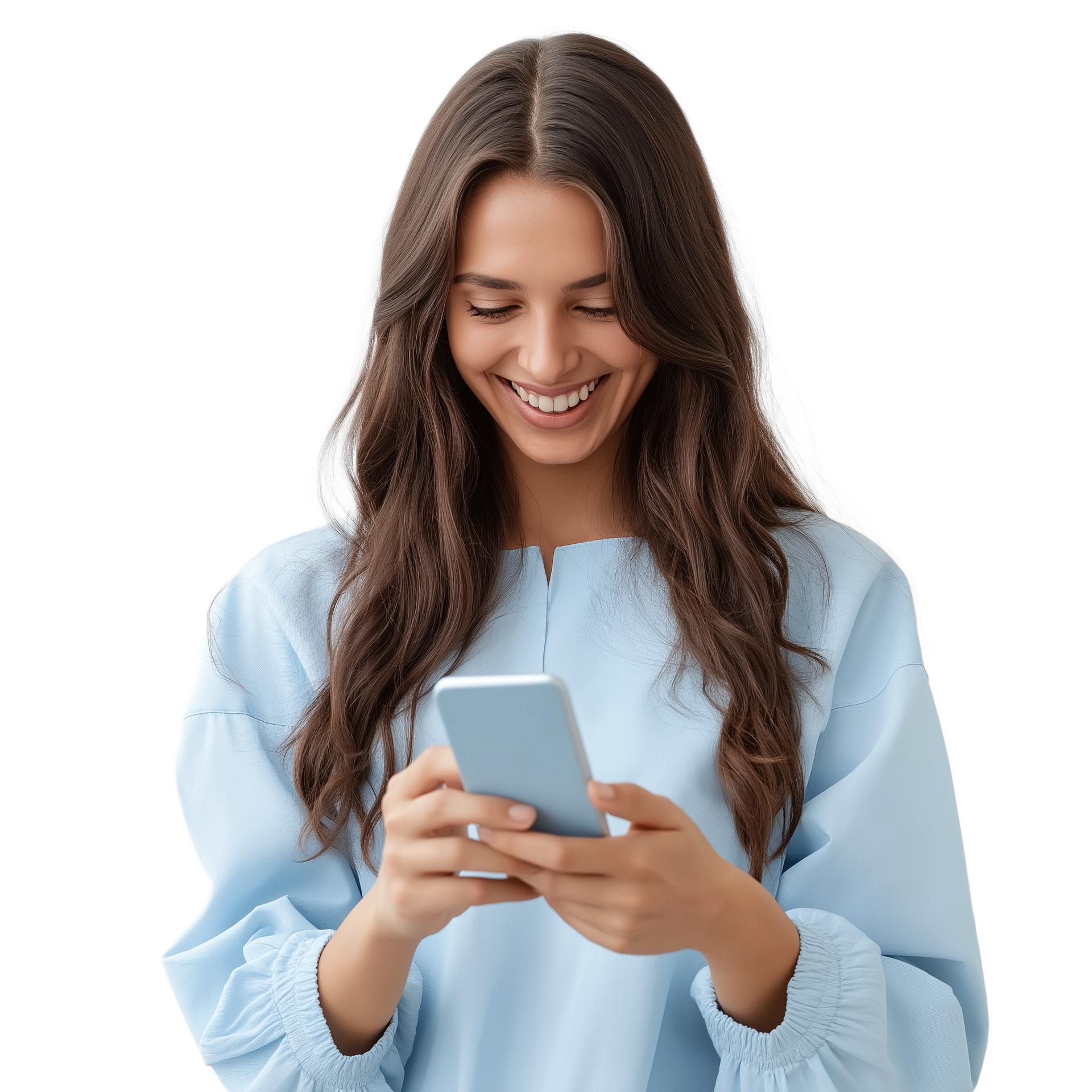 Une femme aux cheveux longs tenant son téléphone