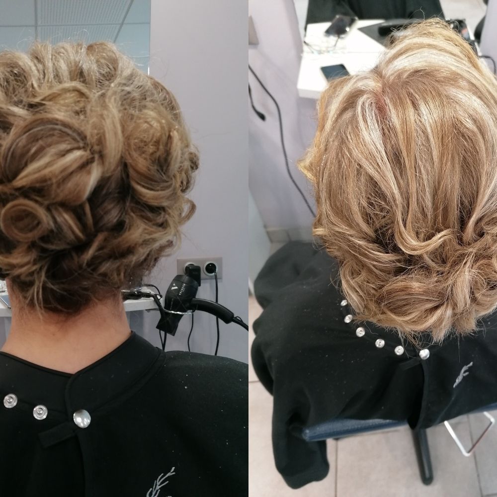 Deux vues de cheveux blonds coiffés en chignon avec des boucles.