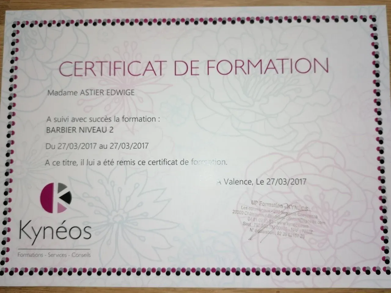 Certificat de formation - barbier rasage à l'ancienne niveau 1