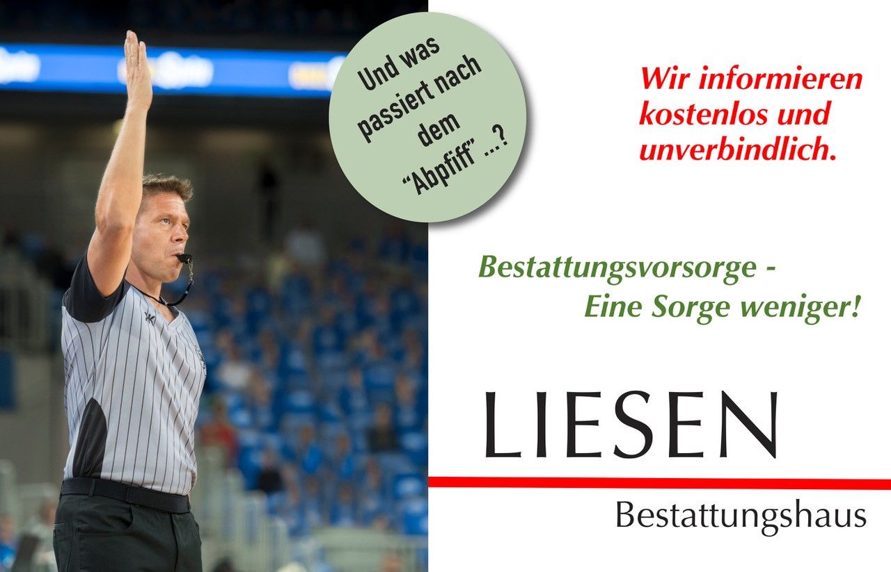 Mann mit erhobenem Arm vor Stadion, daneben Text für Bestattungshaus Liesen und kostenlose Vorsorgeberatung