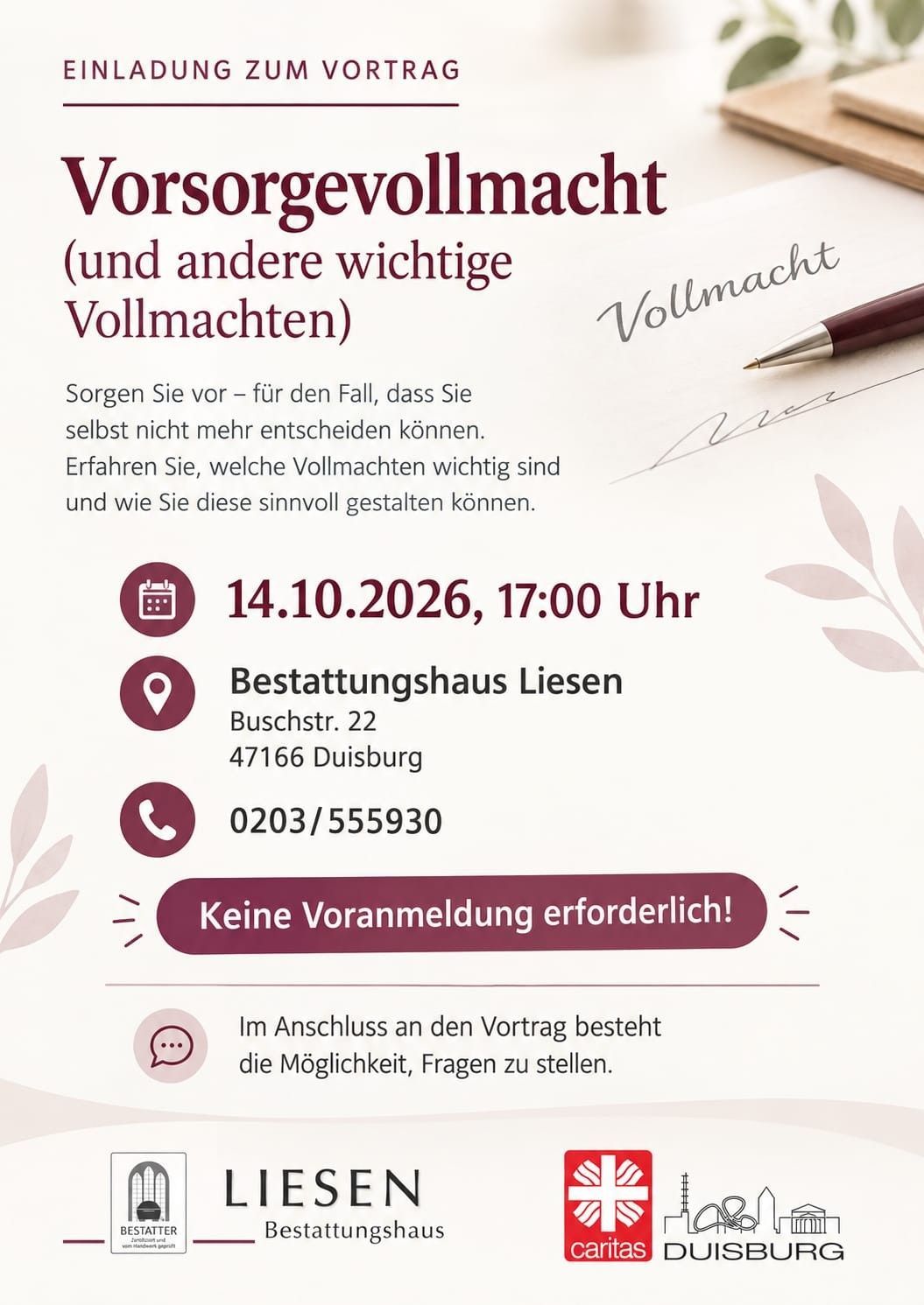 Vortragsposter zu Vorsorgevollmacht und Patientenverfügung im Bestattungshaus Liesen, 14.10.2026, 17 Uhr