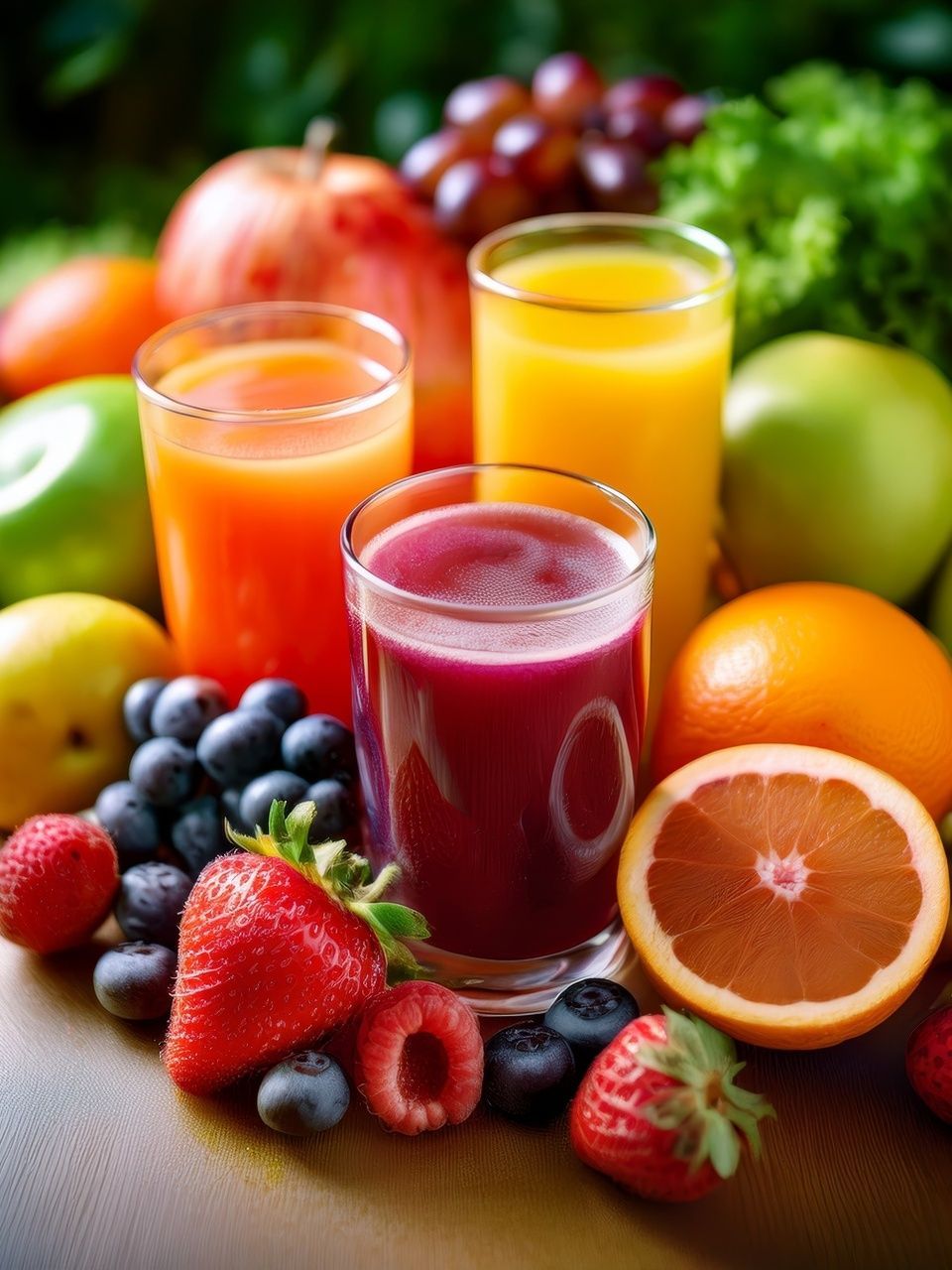 Verres de jus de fruit avec fruits autour