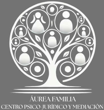 White family tree logo with figures in circles, "Áurea Familia" and "Centro Psico Jurídico y Mediación" on gray background.
