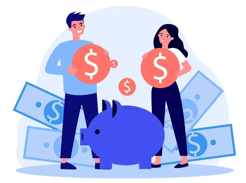 Hombre y mujer sonriendo, sosteniendo monedas de dólar, de pie cerca de una alcancía con billetes de dinero en el fondo.