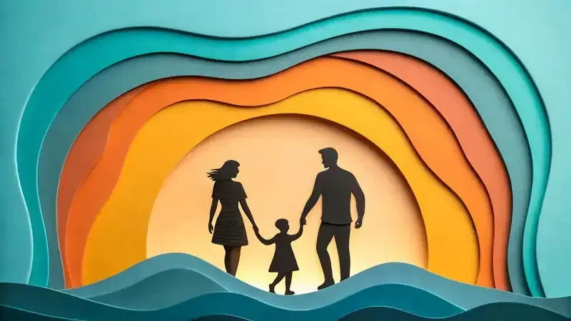 Silueta de una familia tomada de la mano dentro de una obra de arte de papel en capas; cielo colorido y olas del océano.