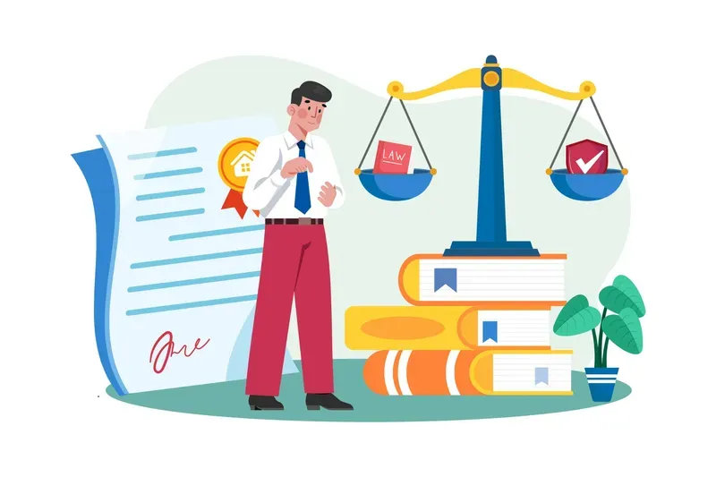 Hombre de pie junto a documentos legales y balanzas, con libros, una planta y una balanza equilibrada.