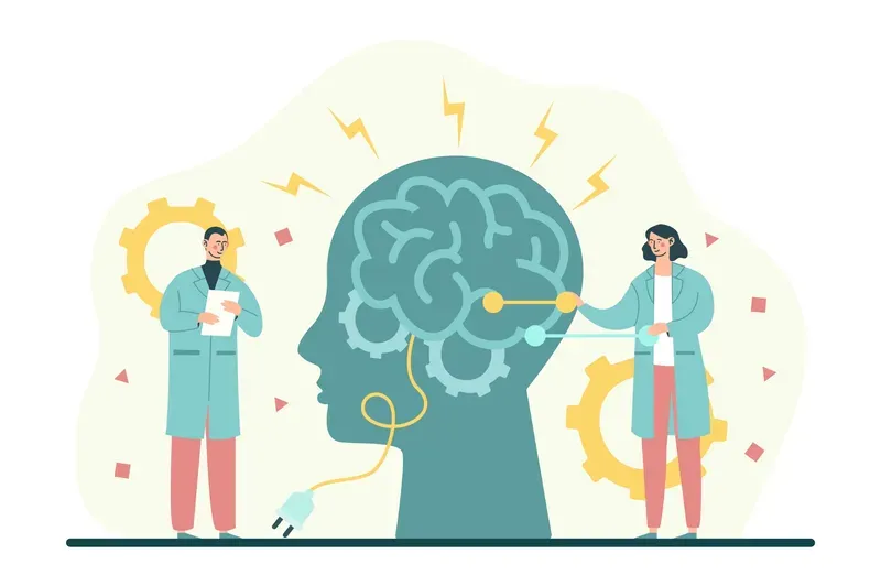 Científicos estudian el cerebro con engranajes, rayos y cables.