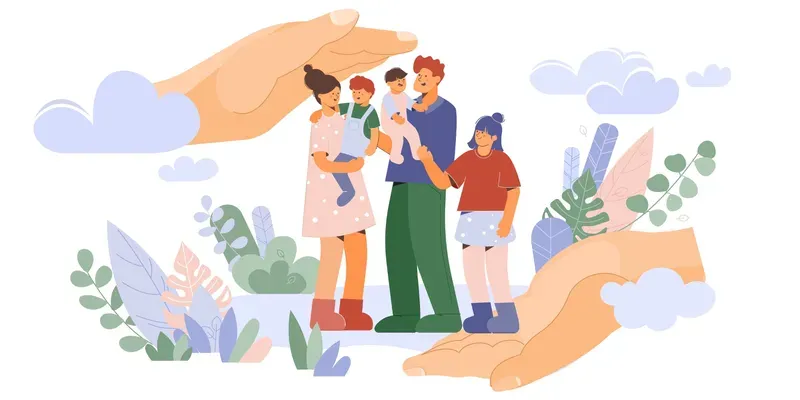 Familia rodeada de manos protectoras, nubes azules y plantas.