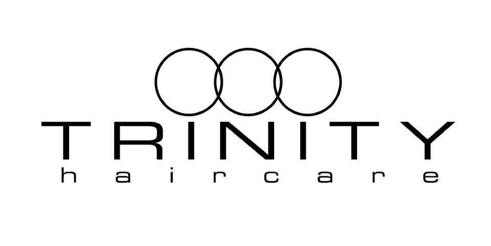 Trinity Haircare-Logo mit drei verbundenen Kreisen über dem Markennamen in schwarzer Schrift