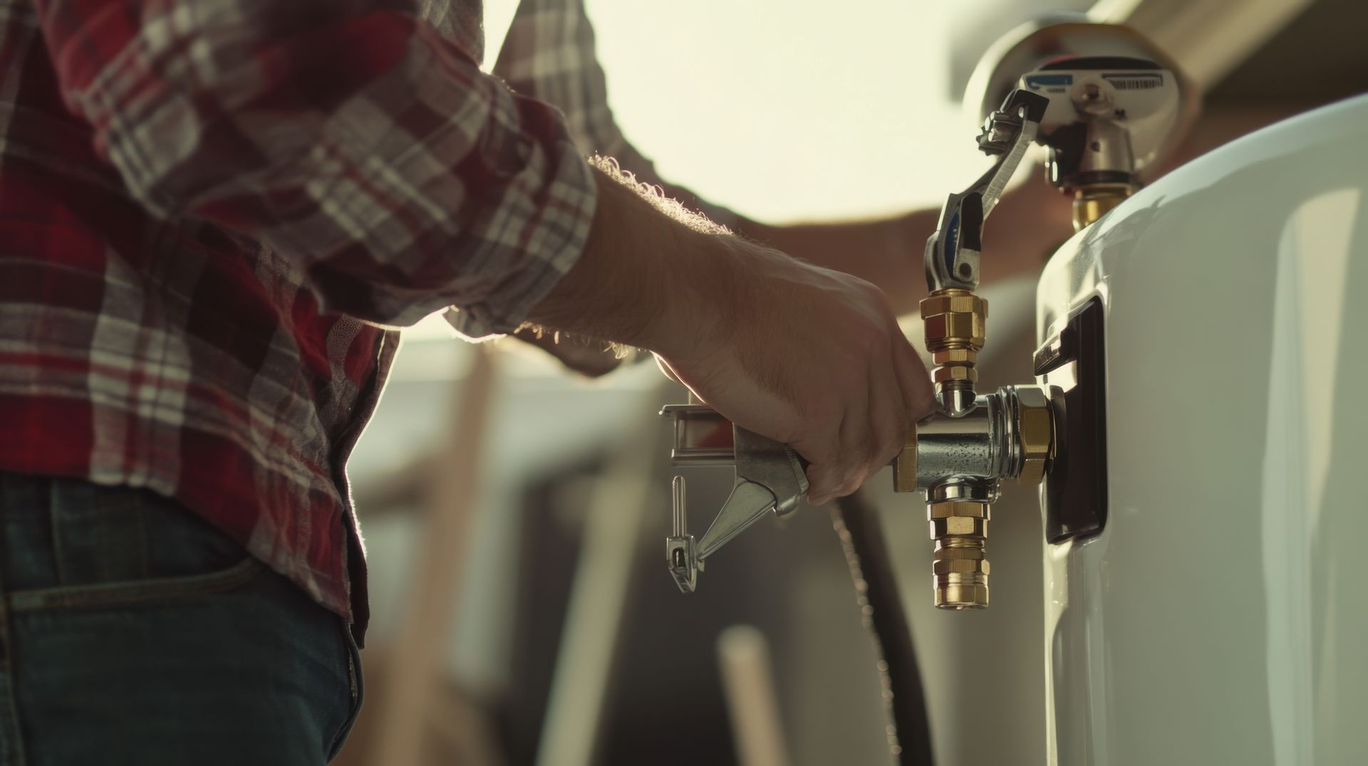 Une personne réparant un chauffe-eau blanc.